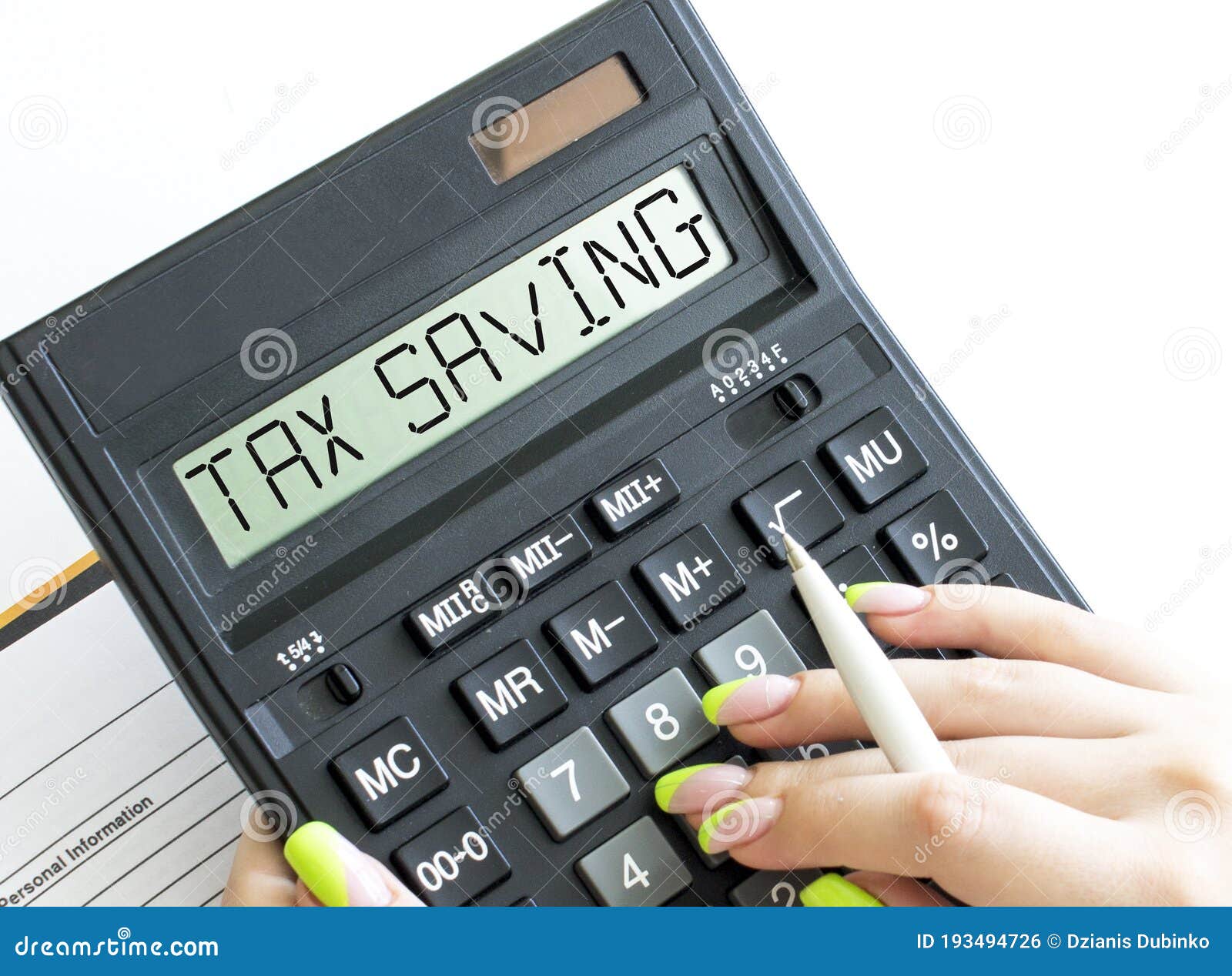 a calculator with text tax saving on the display
