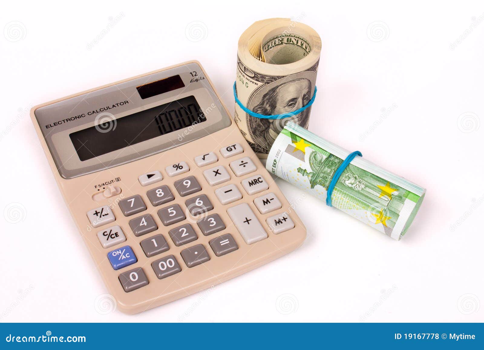 Calculator and Twp Rolls from Dollars and Euros Stock Photo Image of