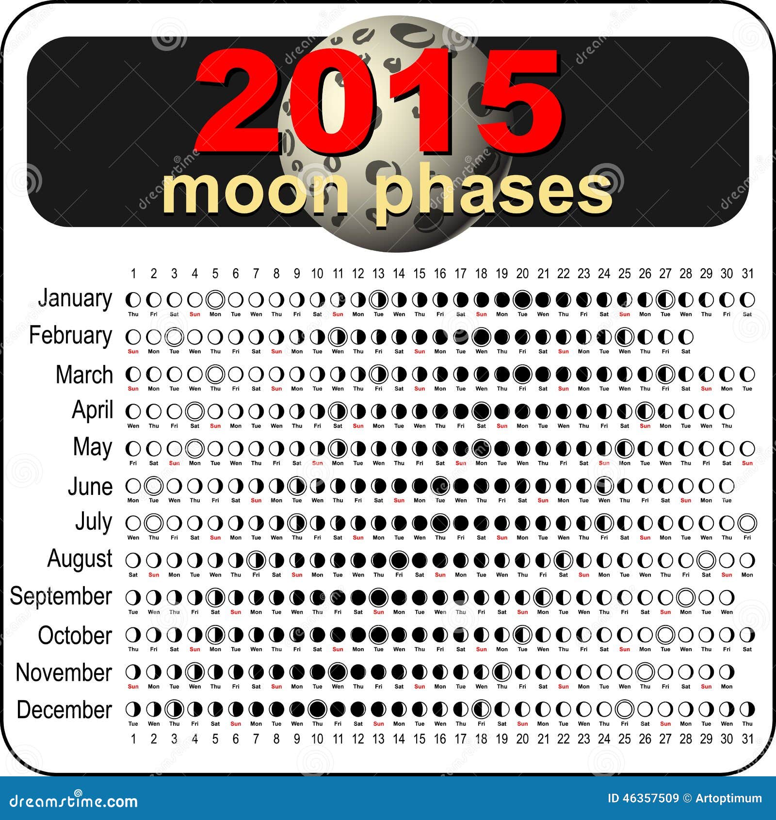 Calendário lunar 2015 ilustração do vetor. Ilustração de organizador -  46357509, image size:1600x1690