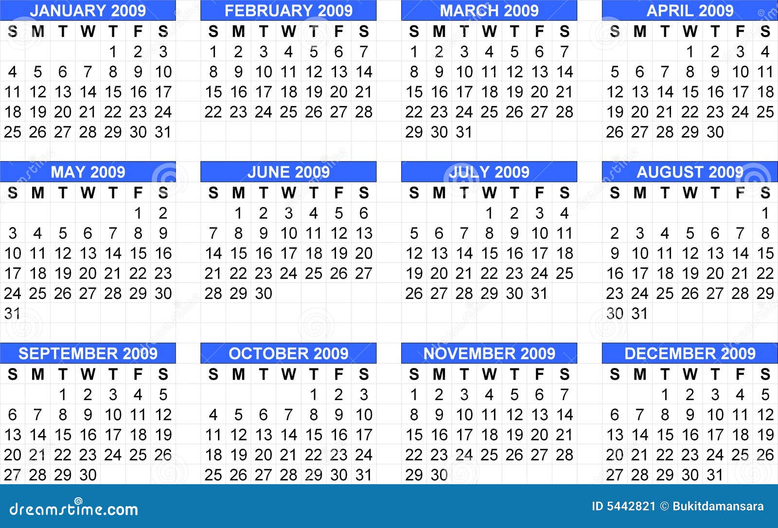 Calendar 2009  Starts Sunday Stock Illustration 