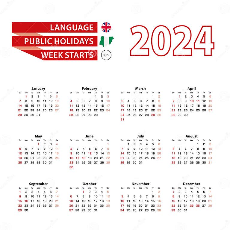 Calendar 2024 in English Language with Public Holidays the Country of