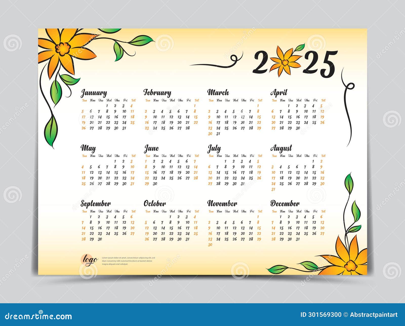 Calendar 2025 Vector Template Yellow Flowers Design, Yearly Calendar