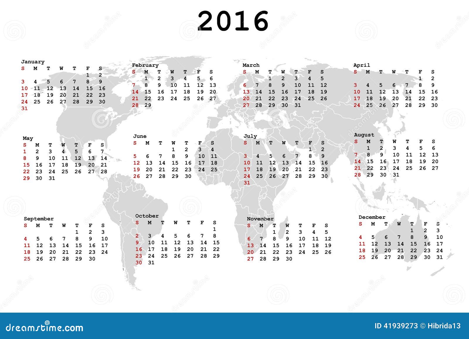 2016 Calendar for Agenda with Map Stock Vector - Illustration of monthly, page: 41939273