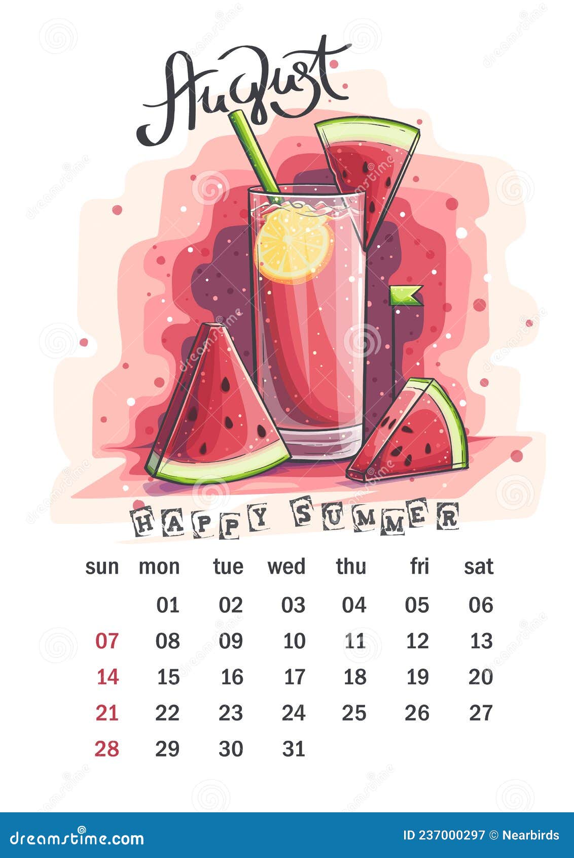 Calendar August 2022 Glass With Watermelon And Lemon Stock Vector