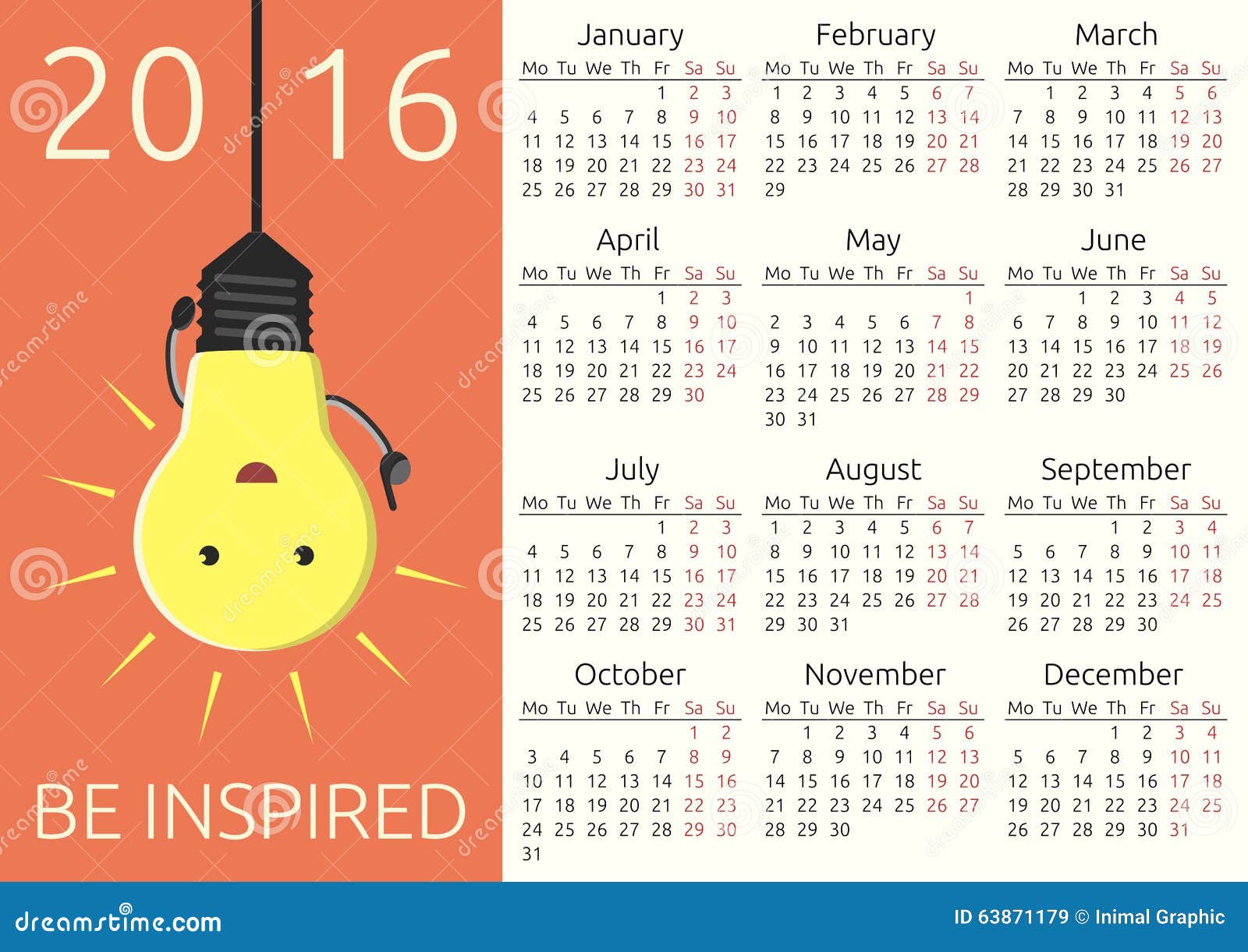 Calendar 2016, be inspired stock vector. Illustration of bright 63871179