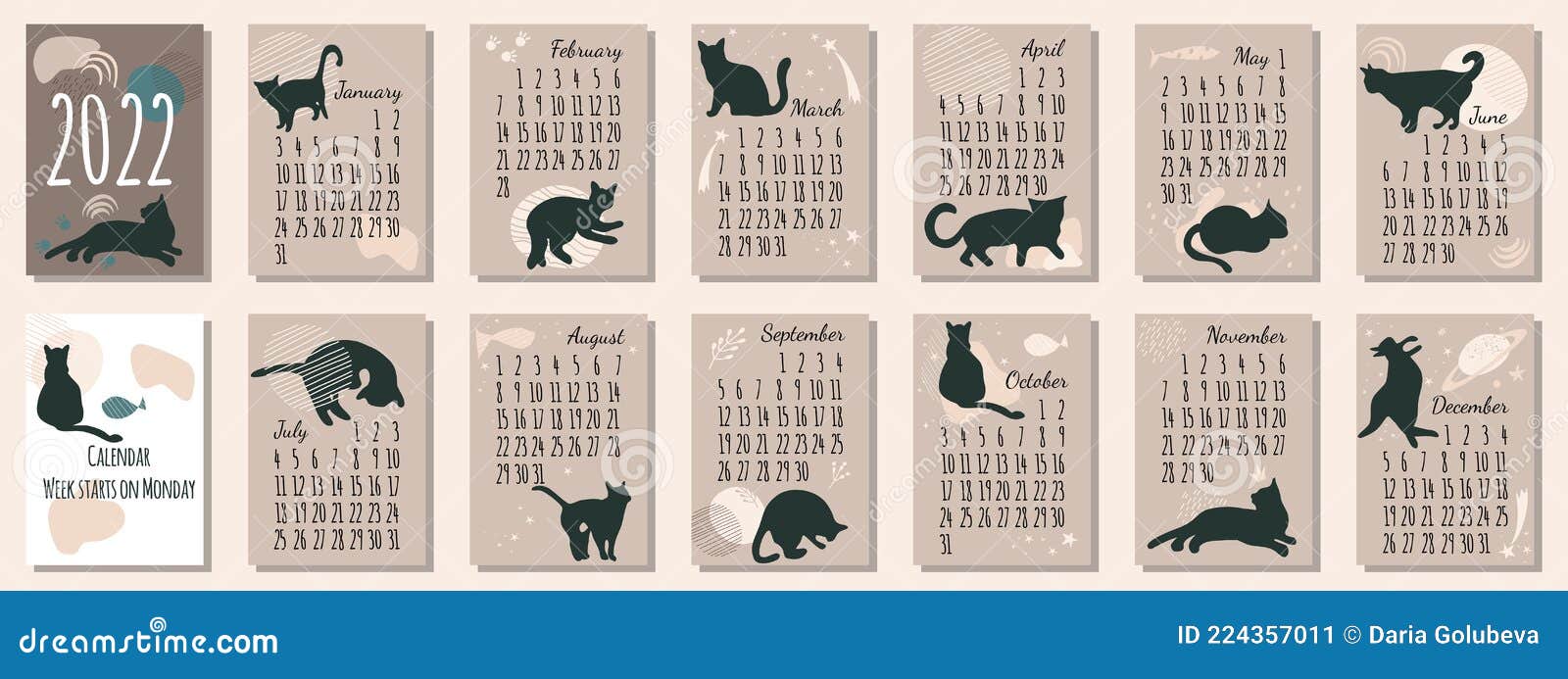 Calendar 2022 With Black Cat.cute Hand Drawn Kittens In Boho Style.template In Size A4 A3 A5.Vertical Format. Stock Vector - Illustration Of 2022, Animal: 224357011