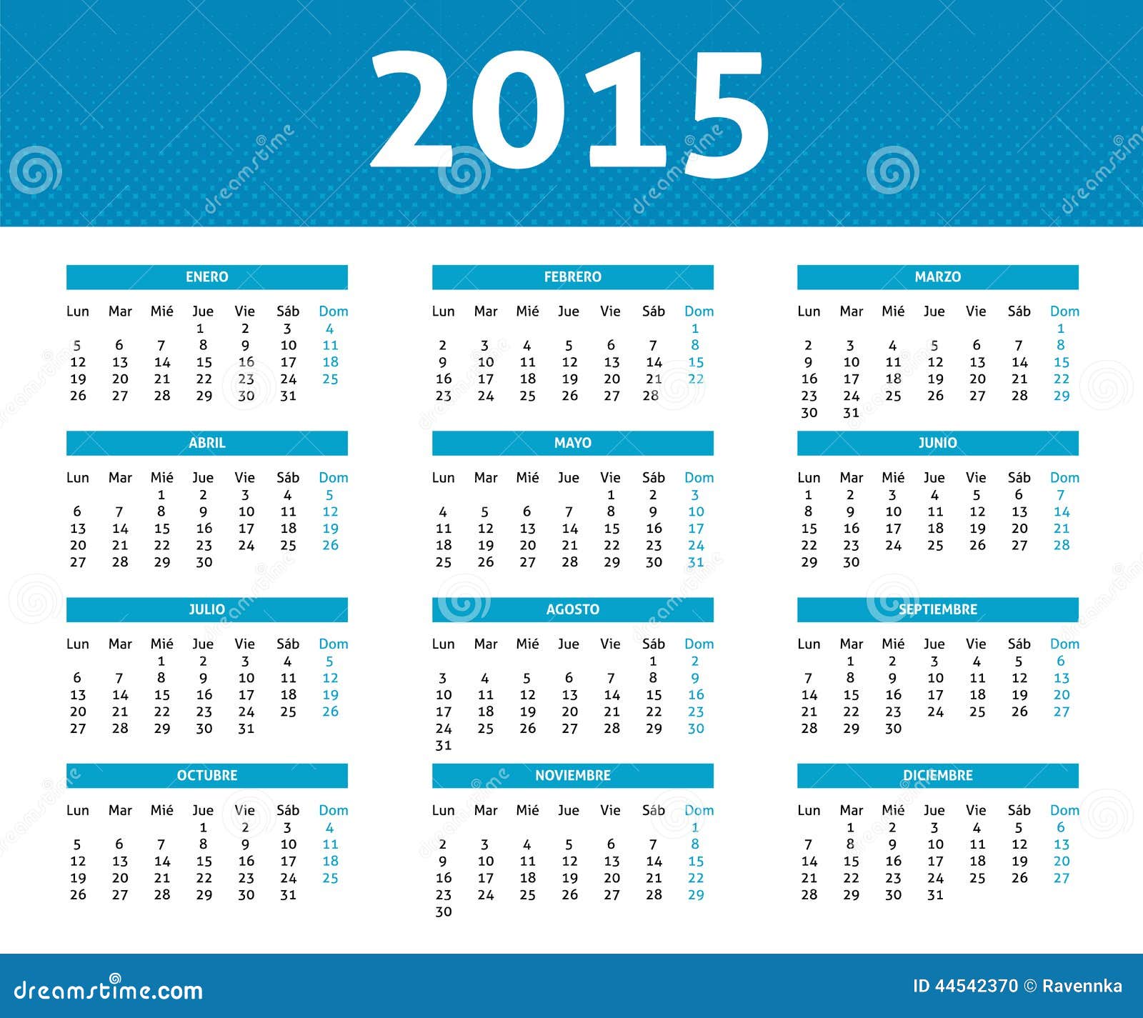 2015 calendar in blue halftone style monday to sunday in spanish monday through sunday calendar 2015