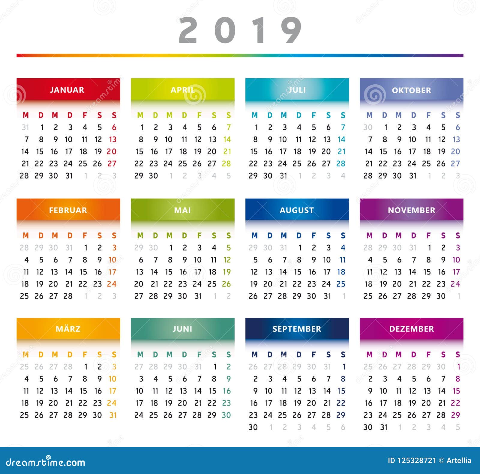 2019 Calendar with Boxes in Rainbow Colors 4 Columns - German Stock ...