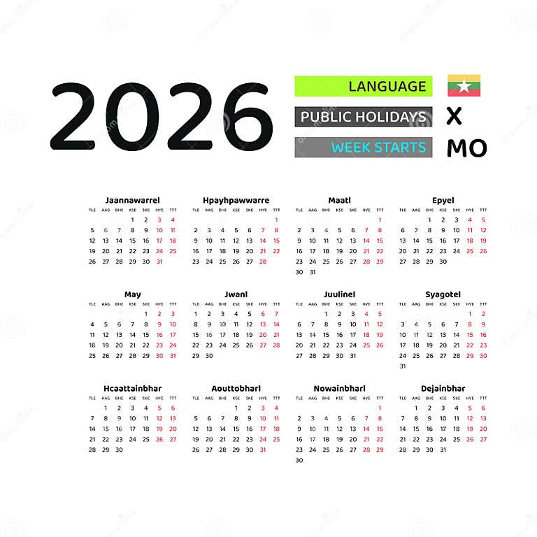 Calendar 2026 Burmese Language with Myanmar Public Holidays. Stock