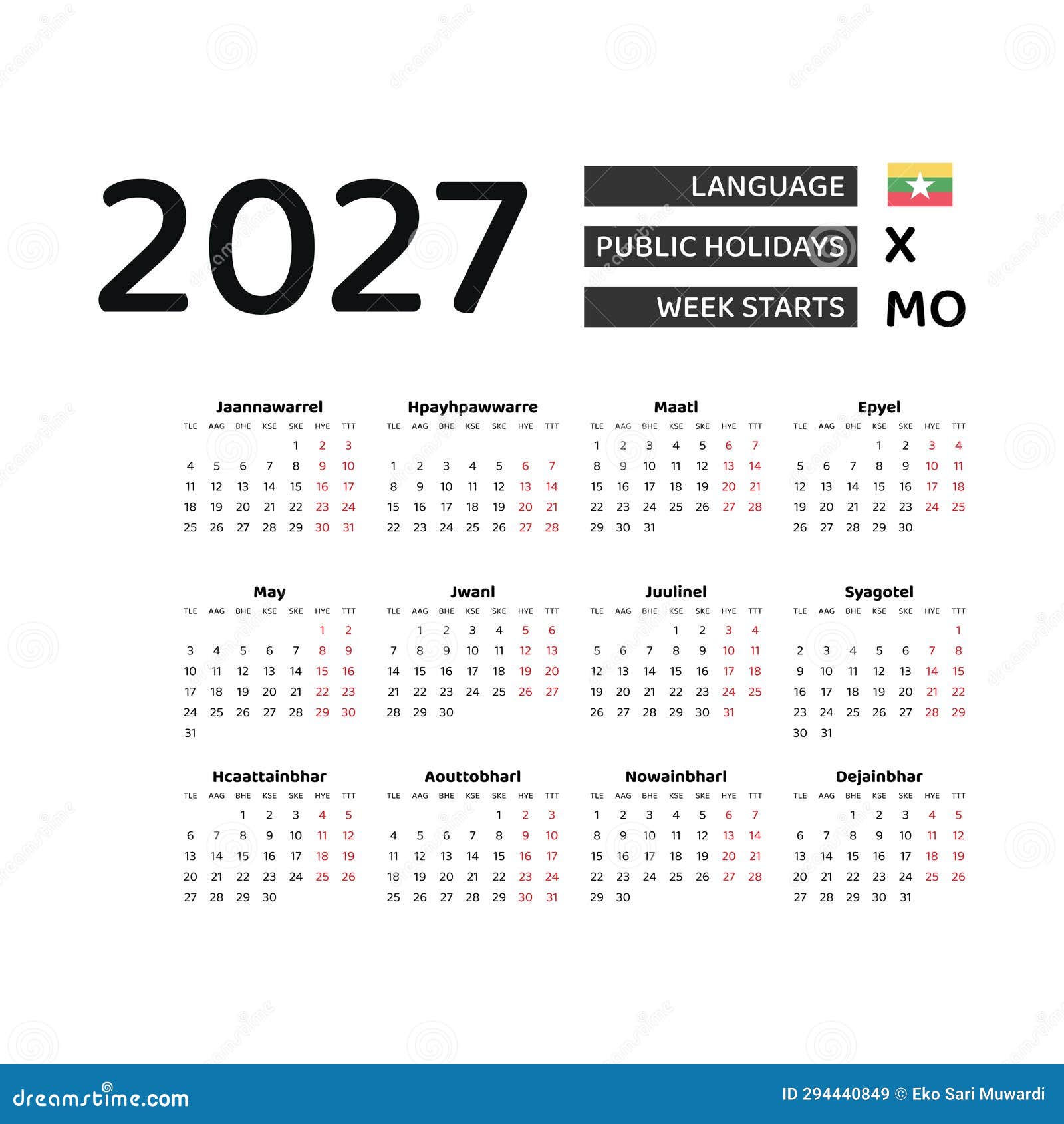 Calendar 2027 Burmese Language with Myanmar Public Holidays. Stock ...
