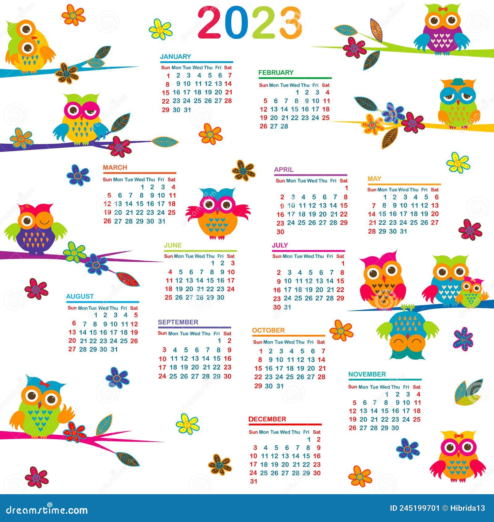 2023 calendar with cartoon owls