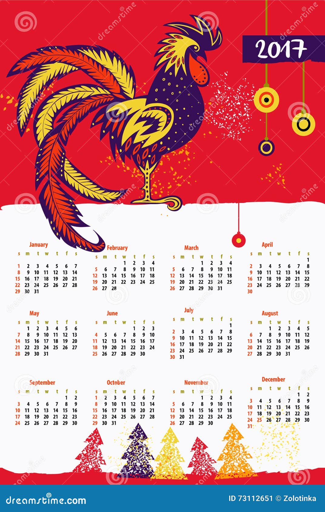 Calendar 2017 Chinese New Year Of The Rooster . Stock Vector - Illustration  Of Calendar, Organizer: 73112651