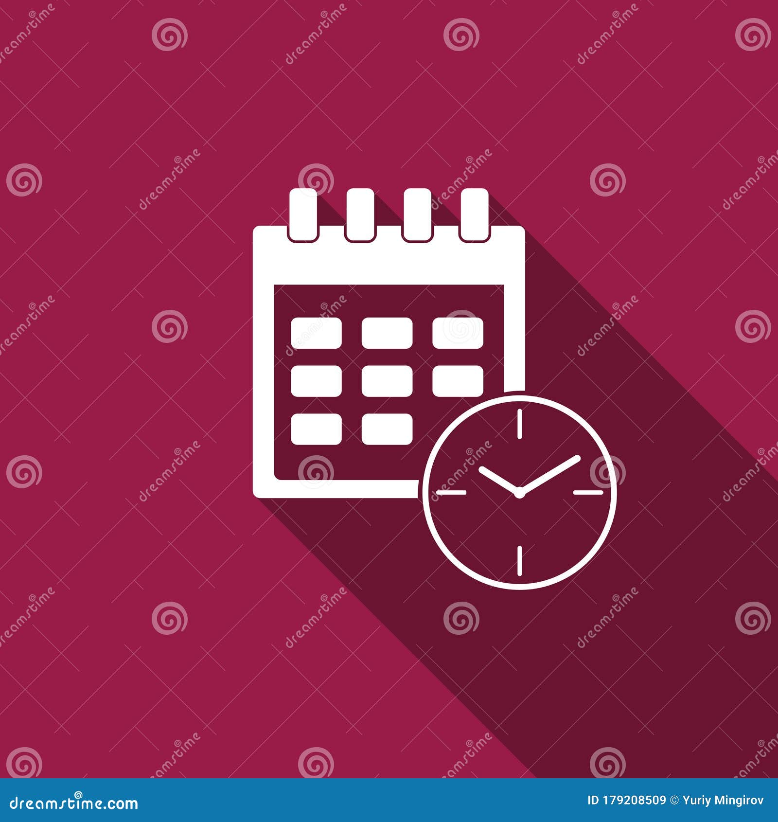 calendar and clock icon  with long shadow.schedule, appointment, organizer, timesheet, time management