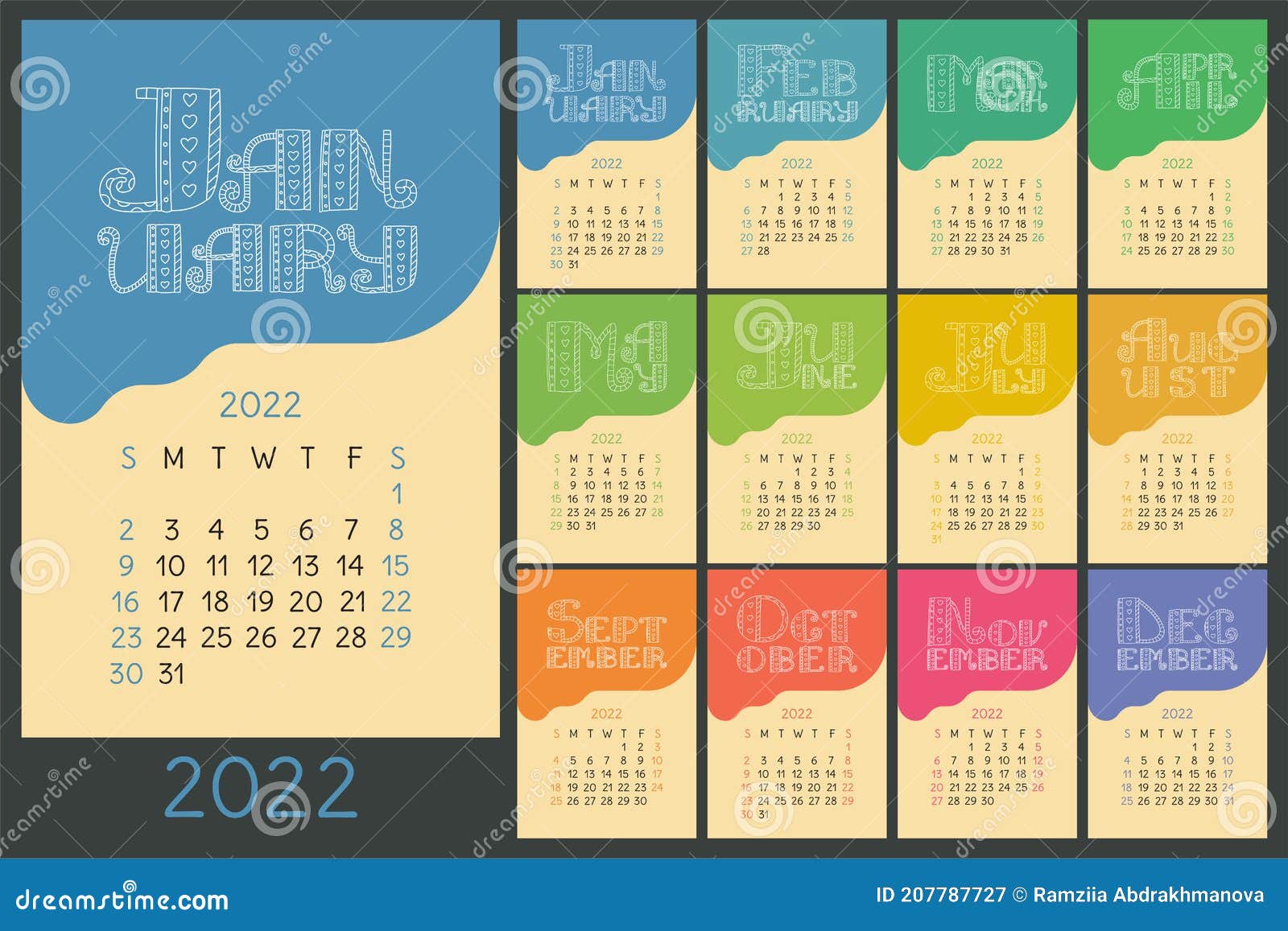 Doodle Calendar 2022 Calendar 2022. Colorful Calender. Vector Hand Drawn Design. Doodle English  Lettering Collection. Hearts And Lines Stock Vector - Illustration Of  Artistic, Collection: 207787727