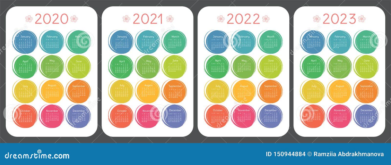 Calendar 2020 2021 2022 And 2023 Colorful Kid S Sketch Doodle Style Color Round Hand Drawn Frames English Vector Set Stock Vector Illustration Of Frames Calendar 150944884
