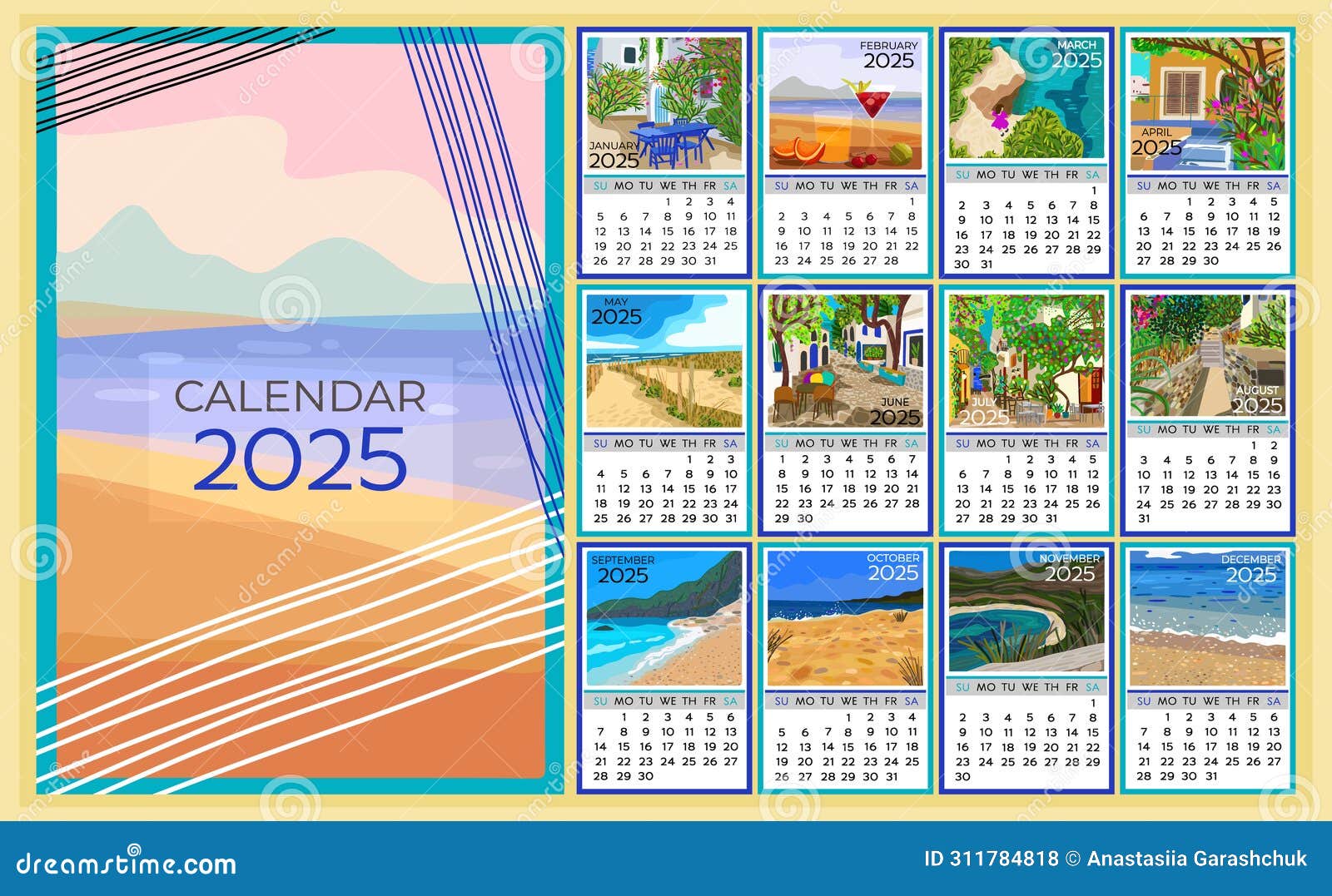 Calendar 2025. Colorful Monthly Calendar with Various Southern