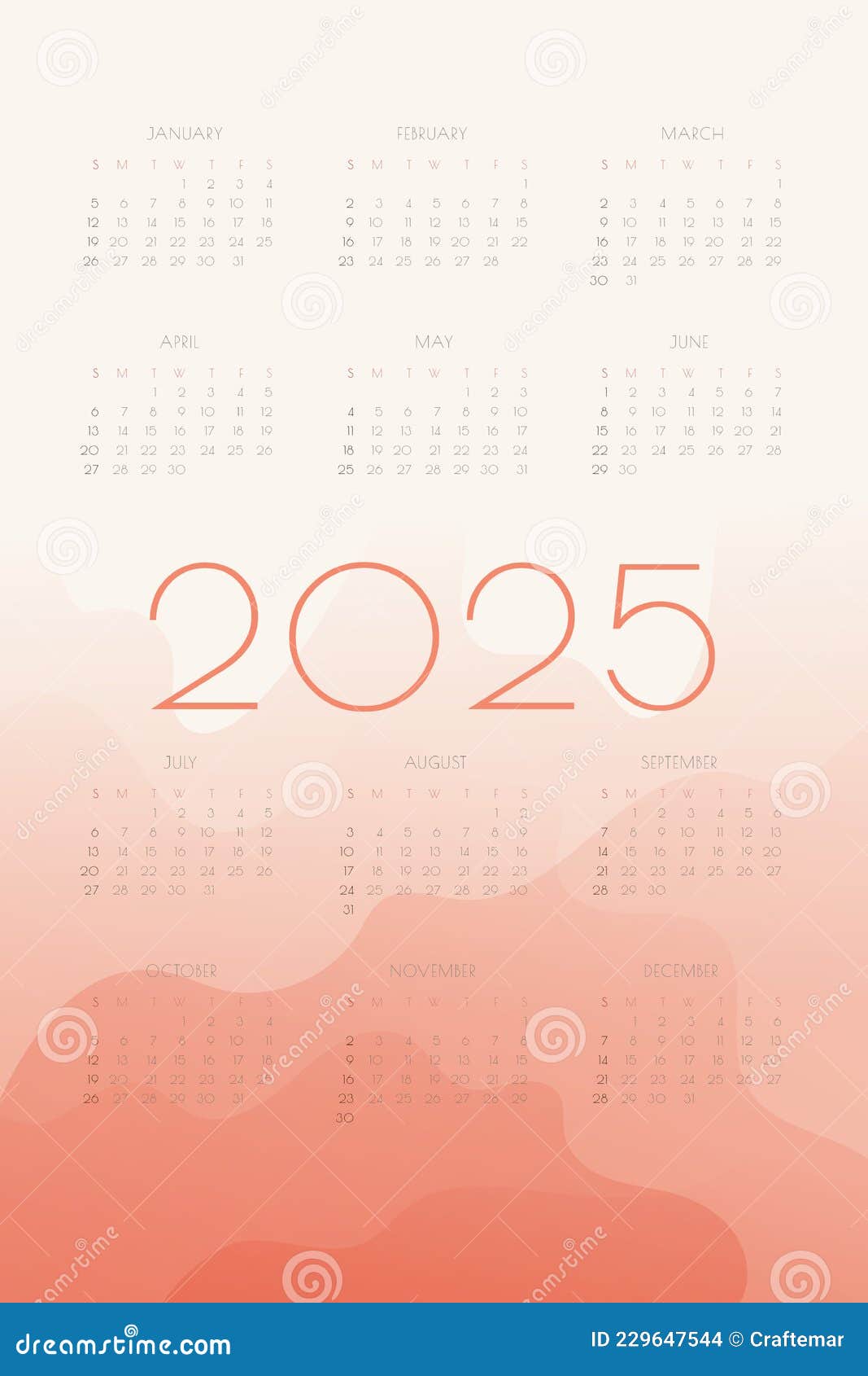 2025 Calendar Vector Illustration. Simple Classic Monthly Calendar For 2025 With Cartoon Clipart