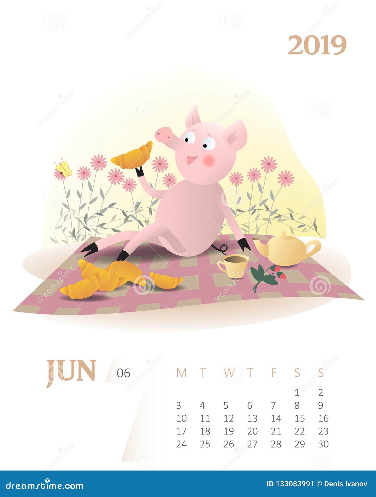 calendar 2019 cute june month cartoon calendar with pig character stock illustration illustration of design june 133083991