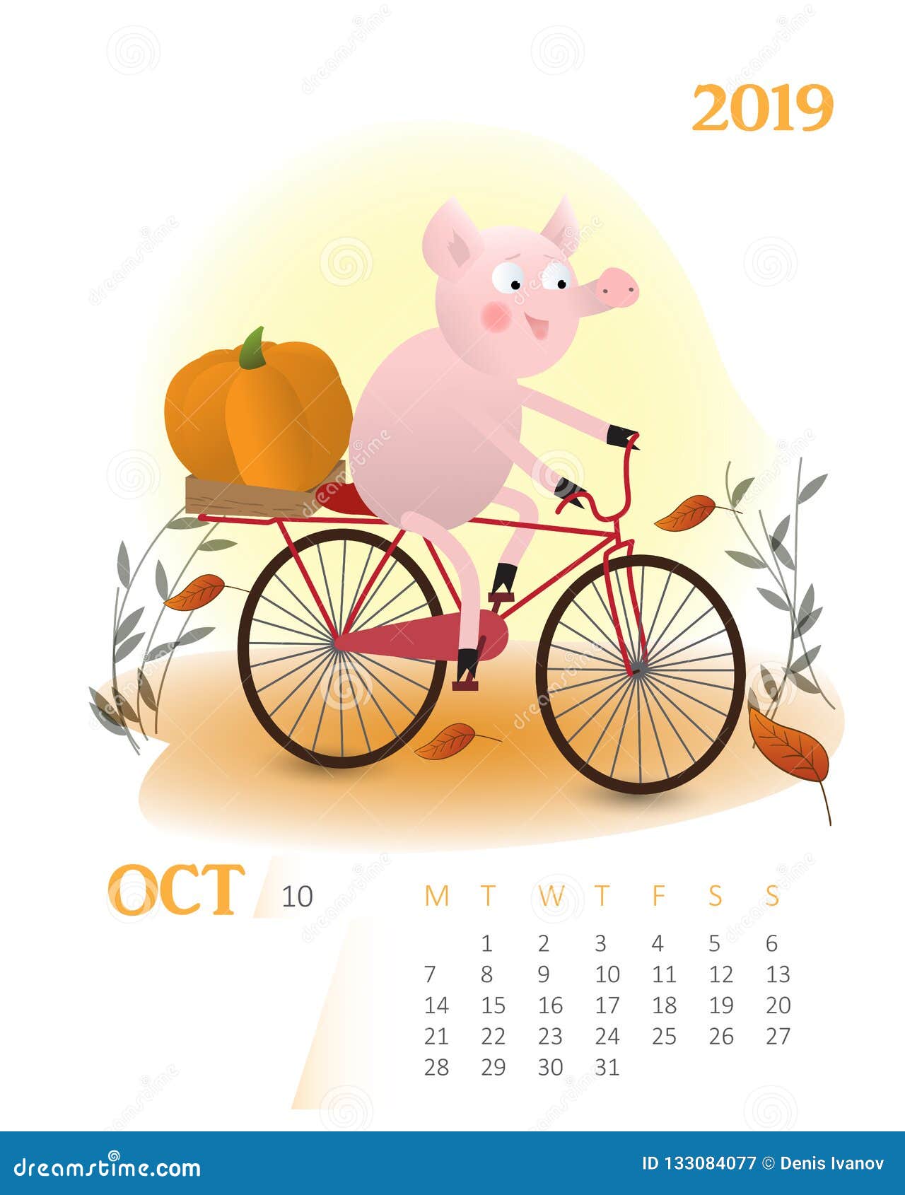 Calendar 2019. Cute October Month Cartoon Calendar with Pig Char Stock
