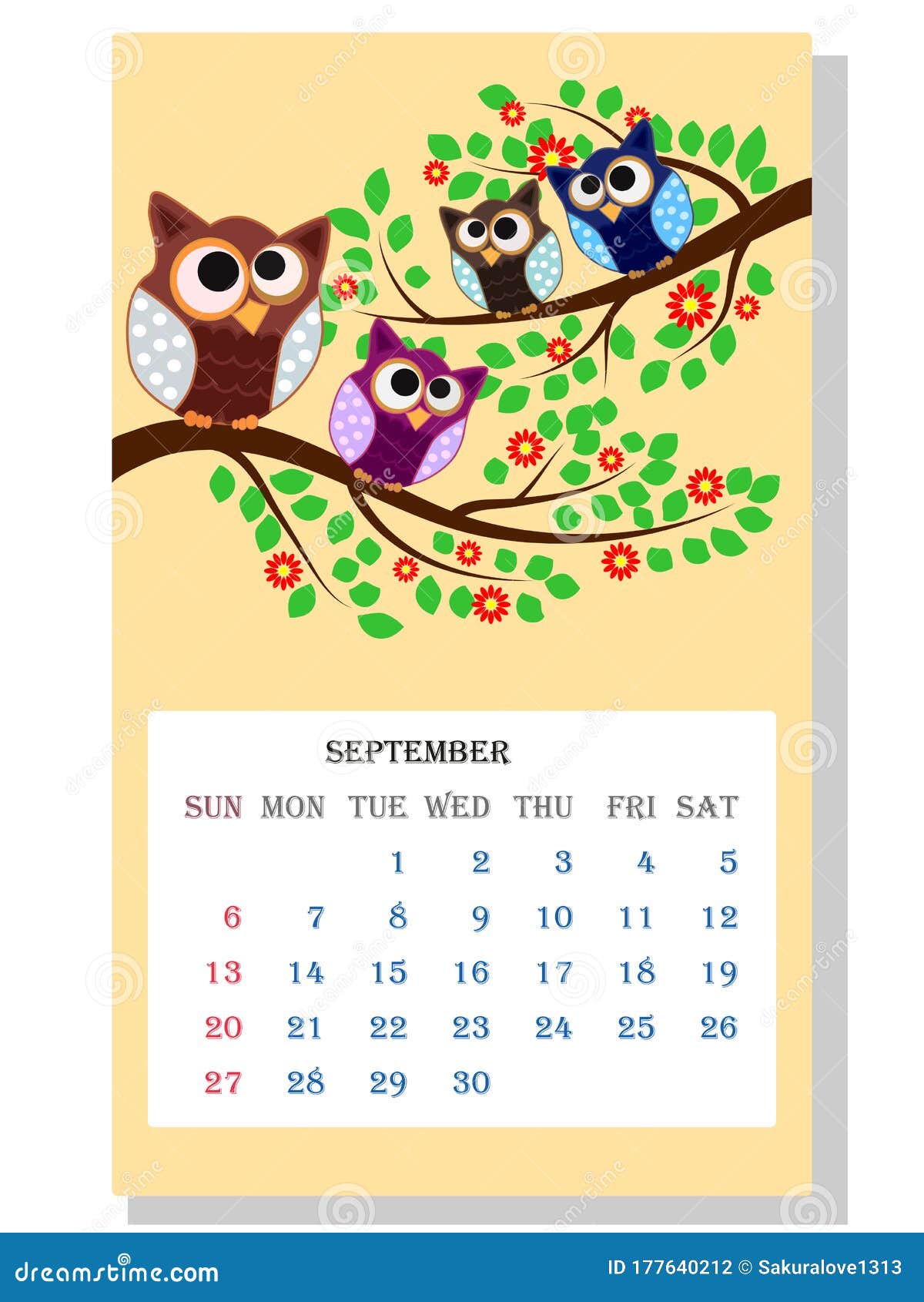 Calendar 2021. Cute Owls and Birds for Every Month Stock Illustration ...