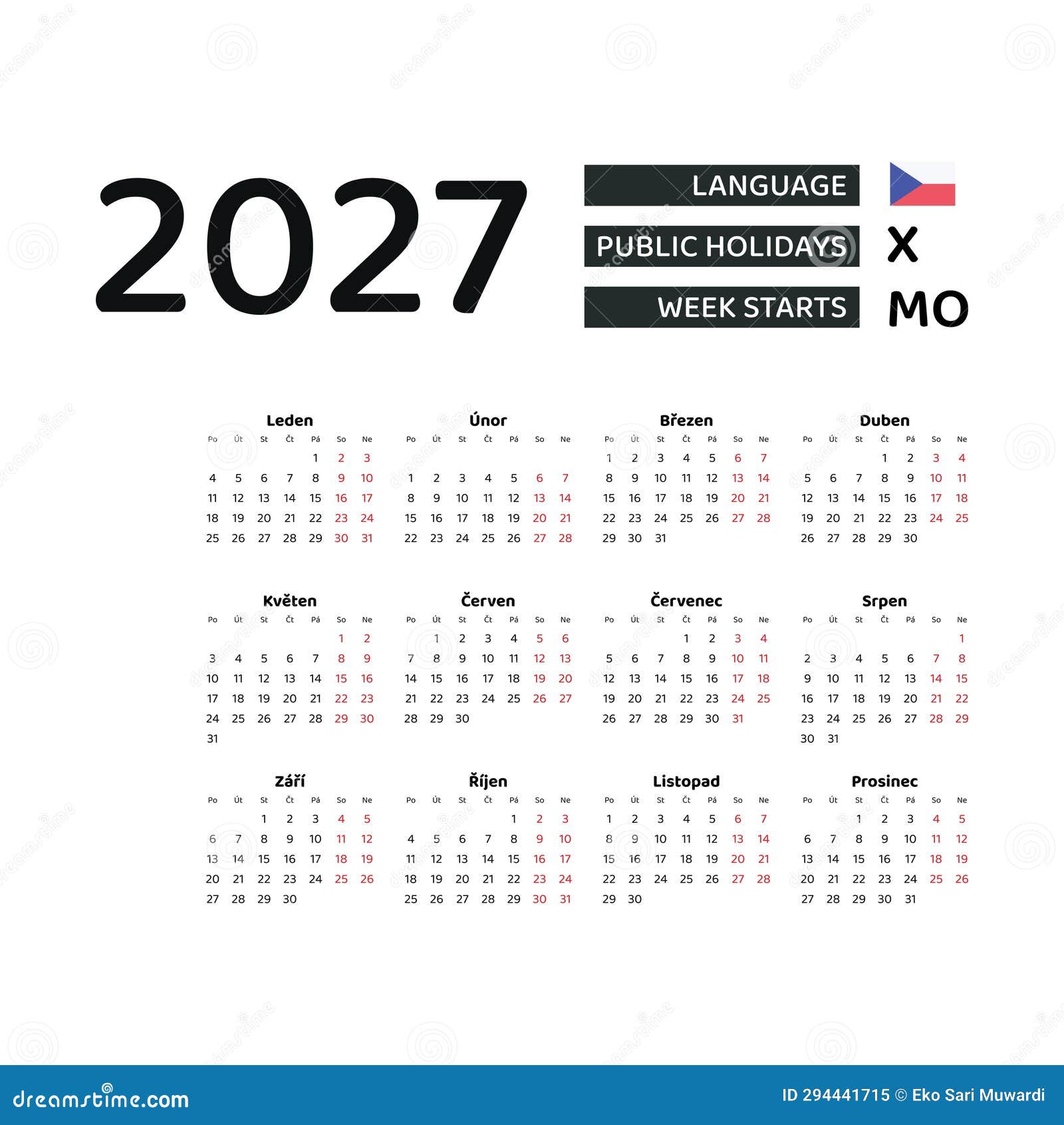 Calendar 2027 Czech Language with Czech Public Holidays. Stock Vector Calendar 2027 Czech Language with Czech Public Holidays. Stock Vector