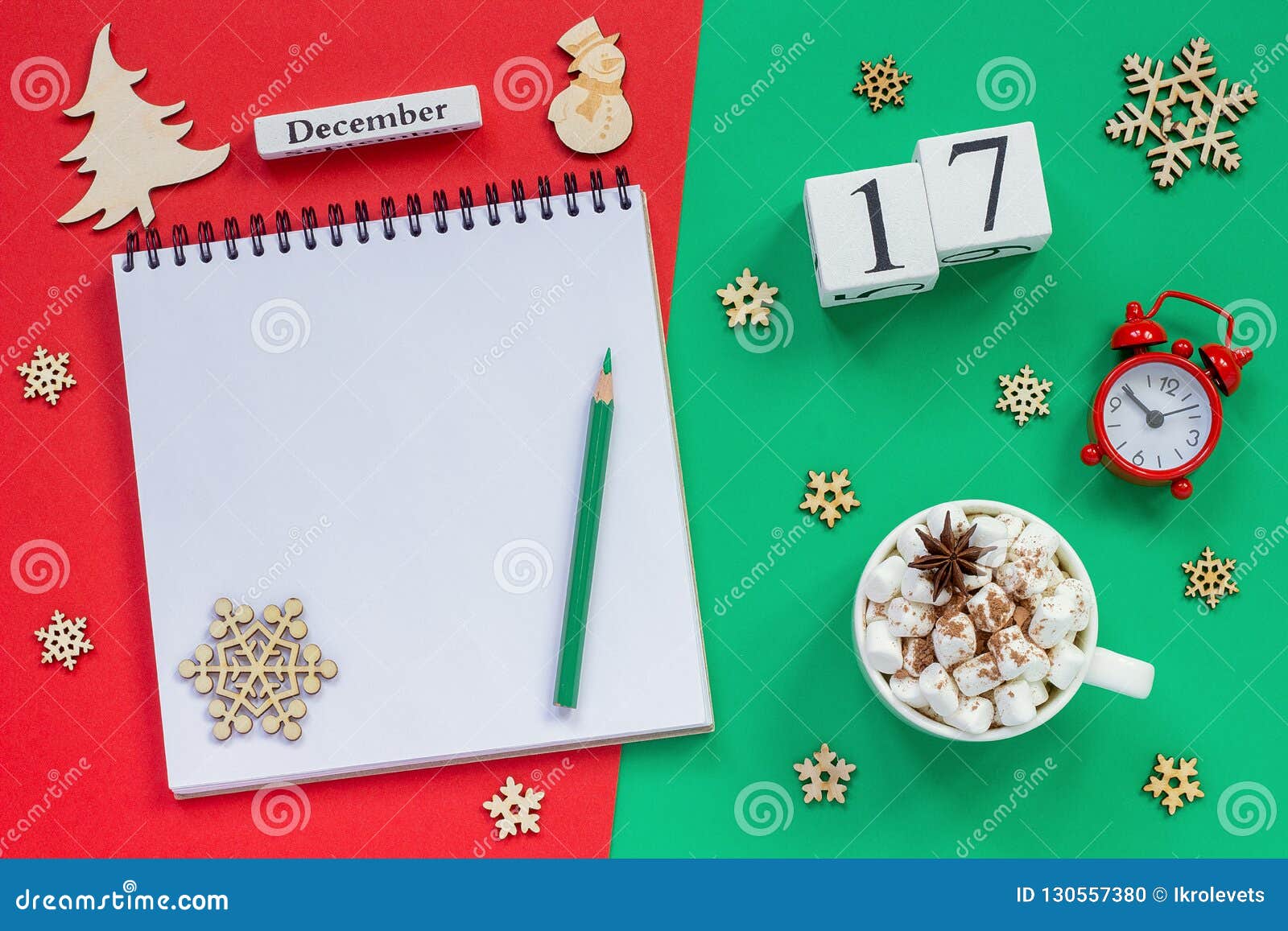 calendar december 17th cup cocoa and marshmallow, empty open notepad