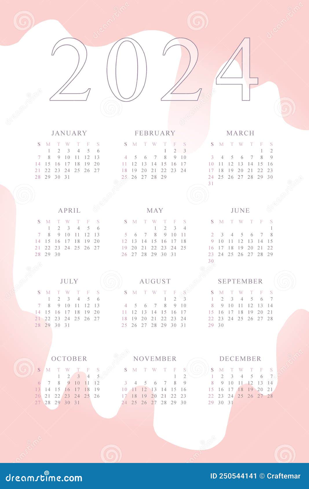 2024 Calendar with Delicate Minimalist Design Pastel Color Palette