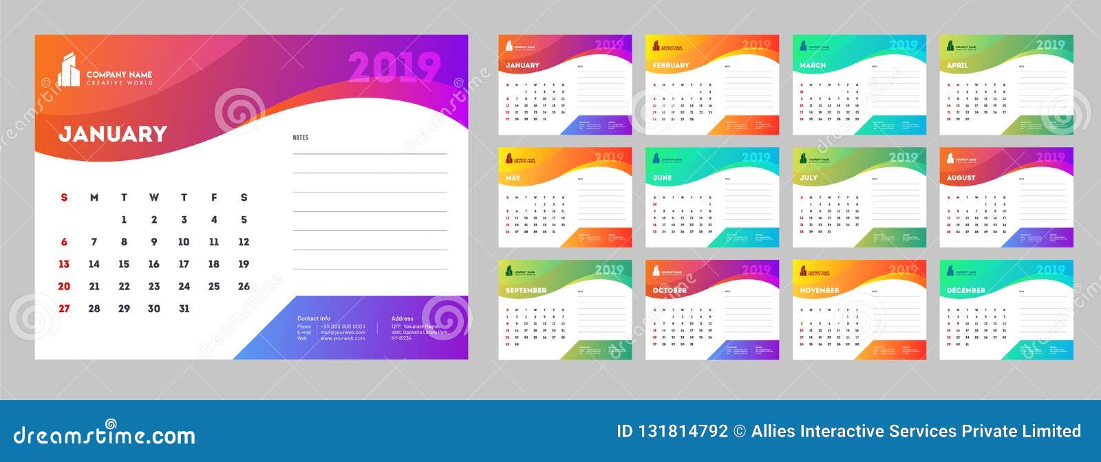 Calendar Design for 2019, Set of 12 Months with Abstract Background. Stock  Illustration - Illustration of july, august: 131814792