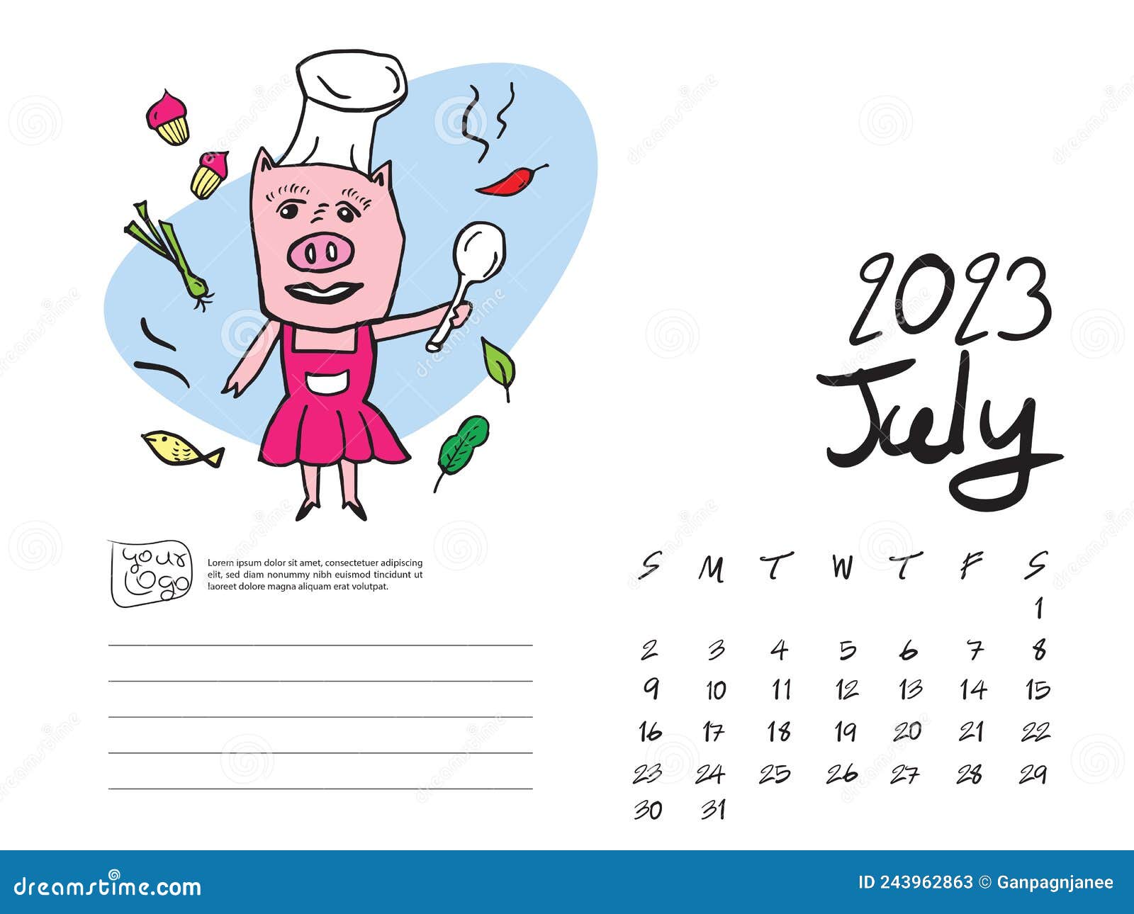 calendar 2023  template with cute pig  , july 2023 artwork, lettering, desk calendar 2023 layout, planner