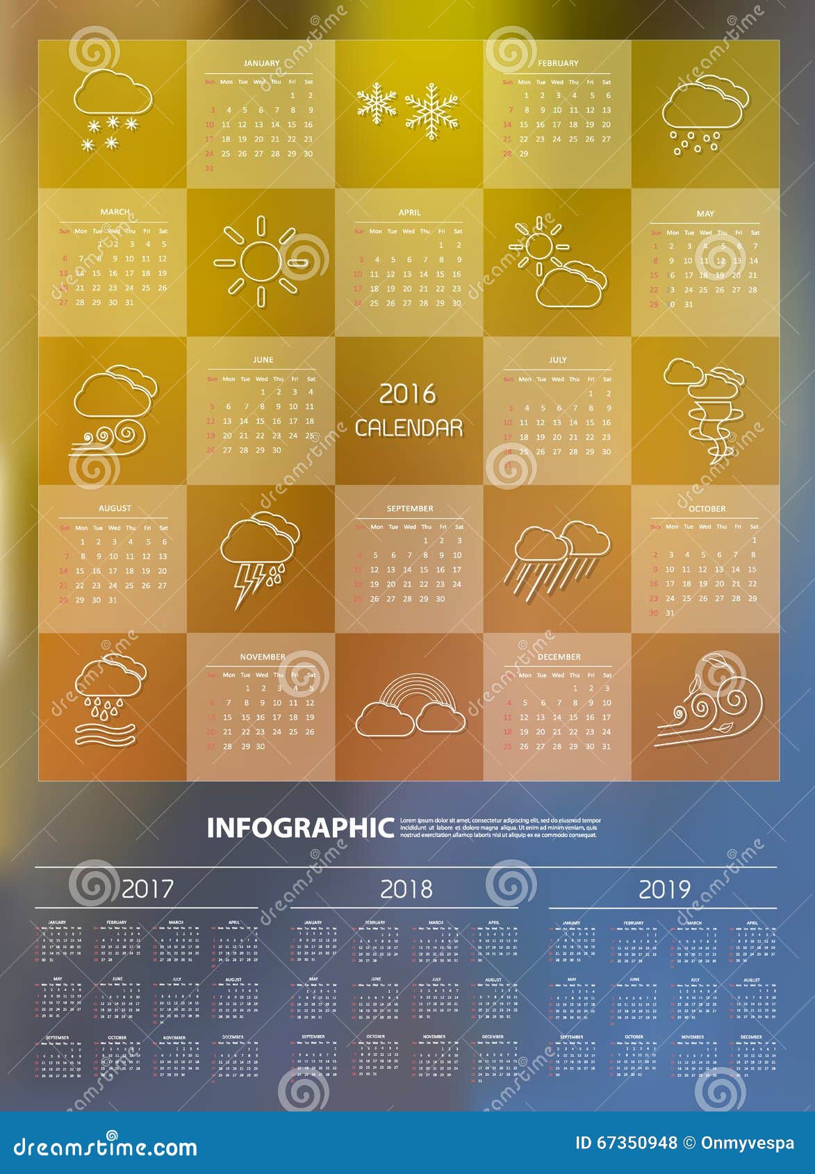 2016 Calendar Design Template with Weather Icon Set Stock Illustration