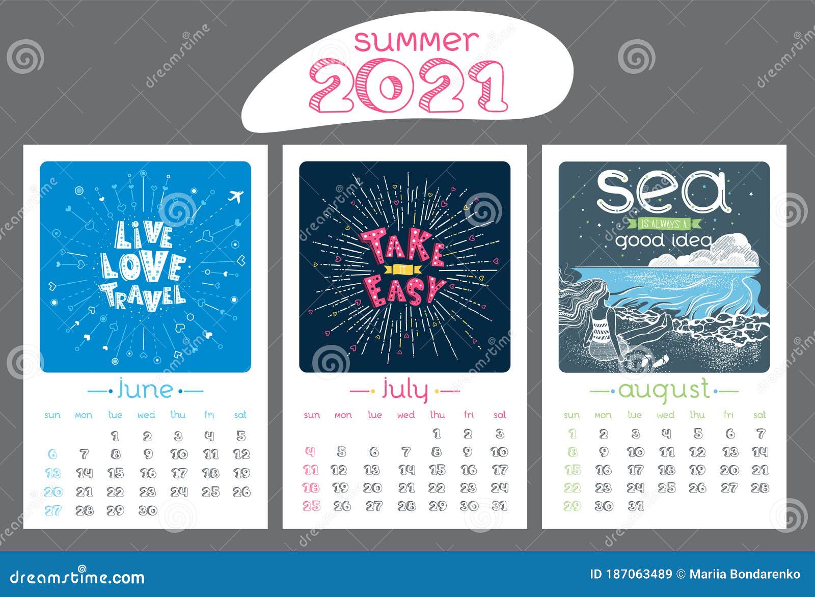 Calendar Design For 2021 Year Summer Stock Vector Illustration Of Month Drawn 187063489