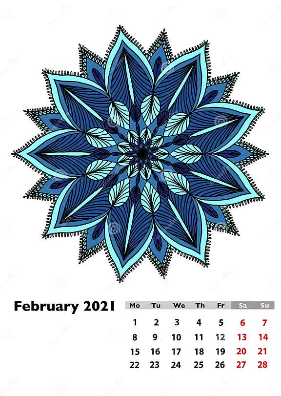 Calendar 2021 with Different Hand Drawn Mandala, February, Page 2 of 13