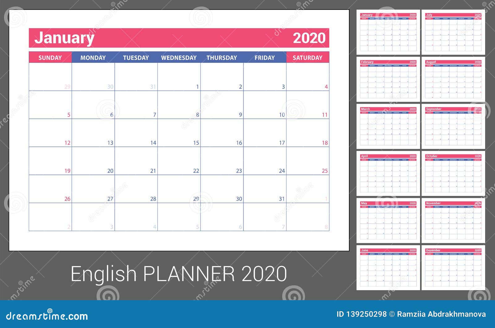 2020 Calendar English Calender Color Vector Template Week Starts On