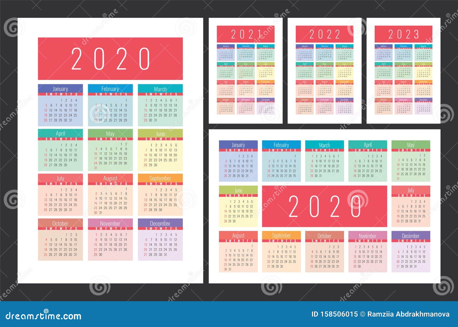 Calendar 2020 2021 2022 And 2023 English Color Vector Set Vertical