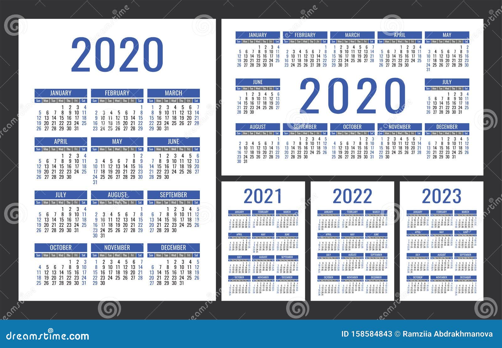 Calendar 2020, 2021, 2022 And 2023. English Color Vector