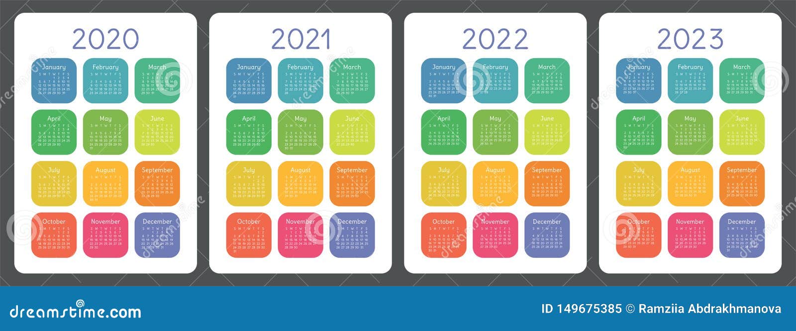 Calendar 2020 2021 2022 And 2023 English Color Vector Set Vertical