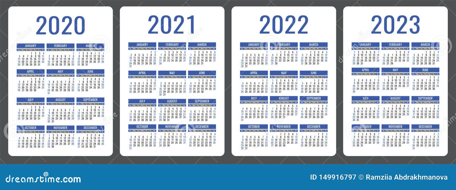 Calendar 2020 2021 2022 And 2023 English Color Vector Set Vertical