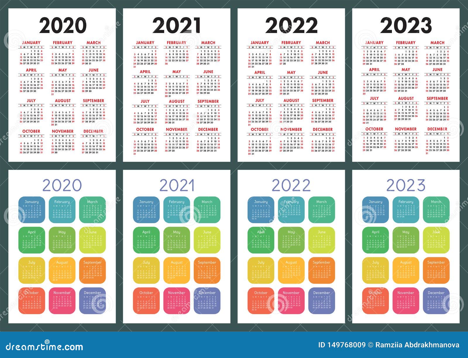 Calendar 2020 2021 2022 And 2023 English Color Vector Set Vertical