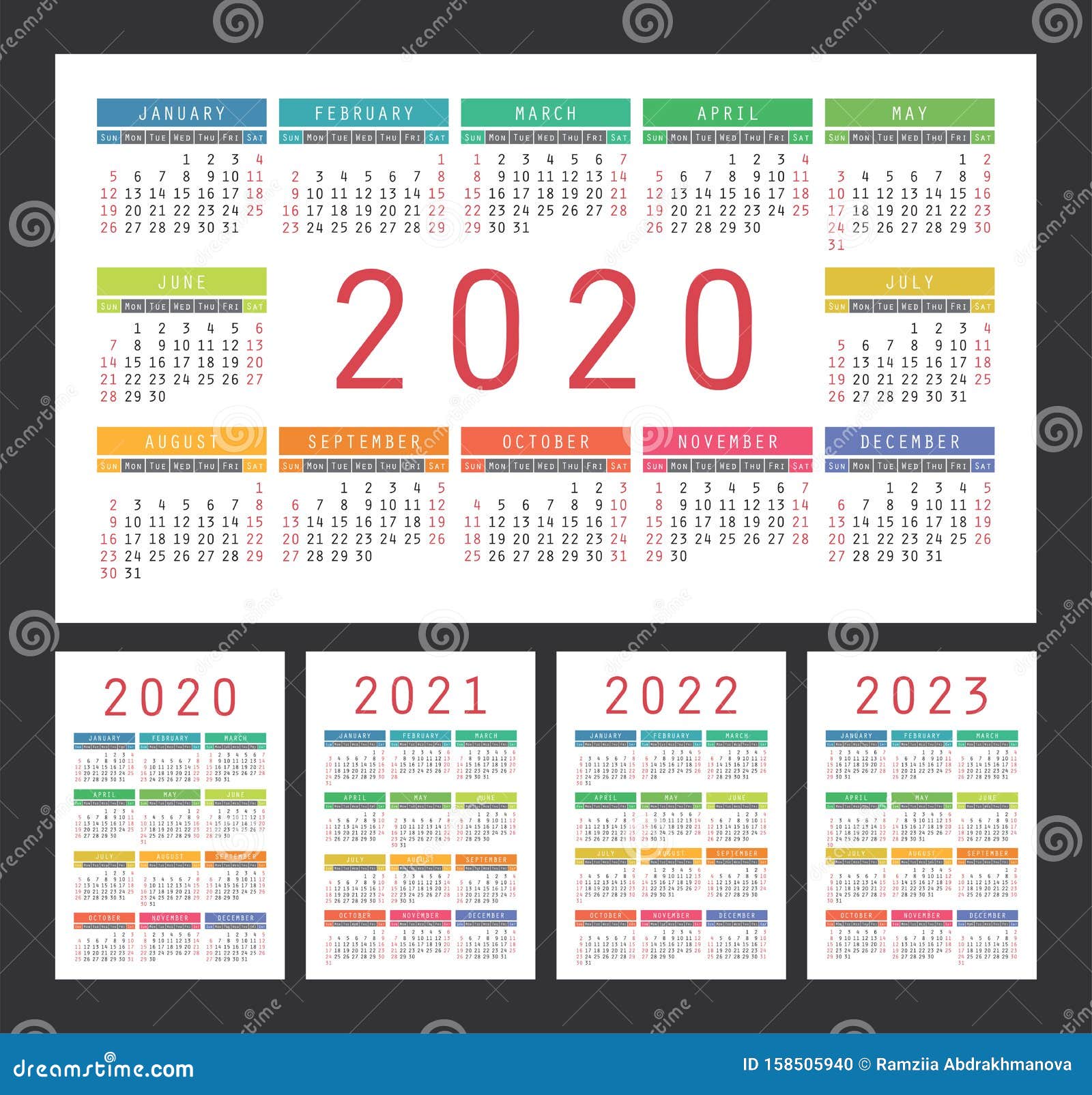 Calendar 2020 2021 2022 And 2023 English Color Vector Set Wall Or