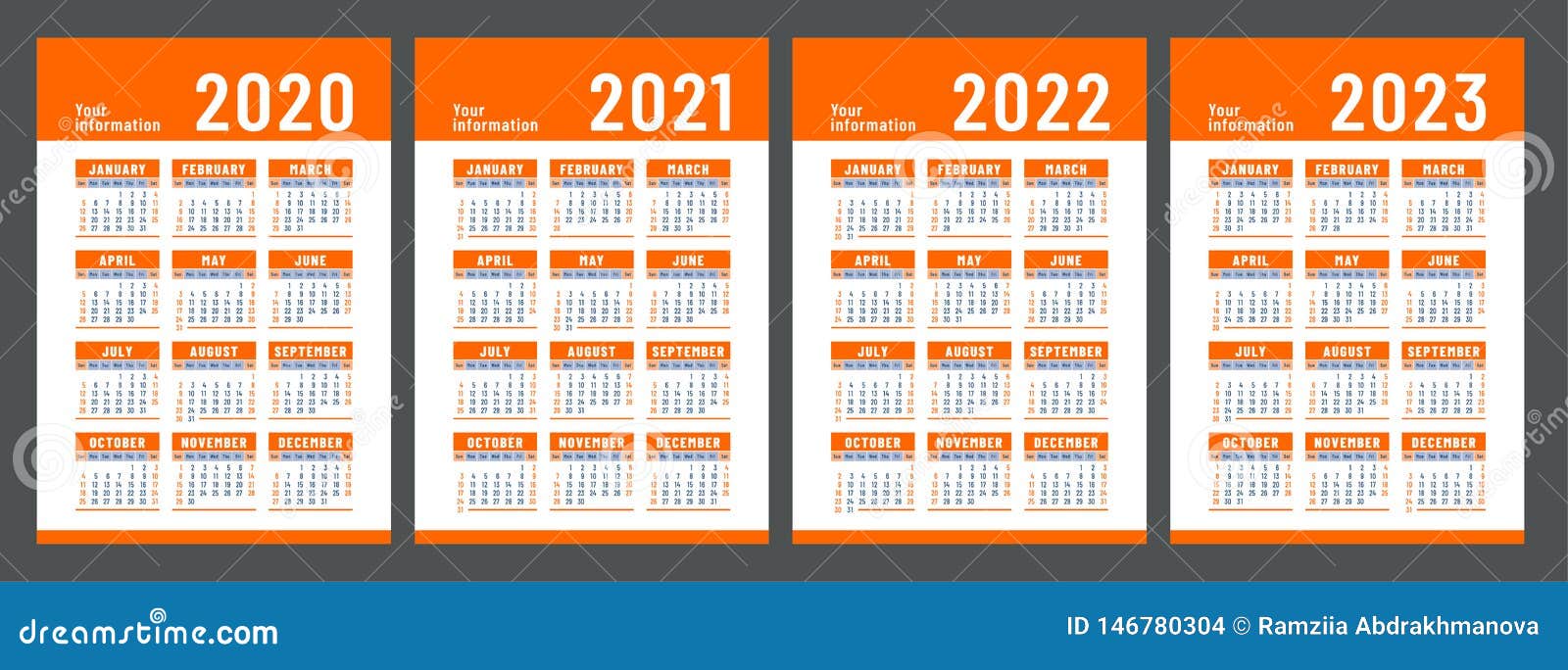 Calendar 2020 2021 2022 And 2023 English Color Vector Set Week