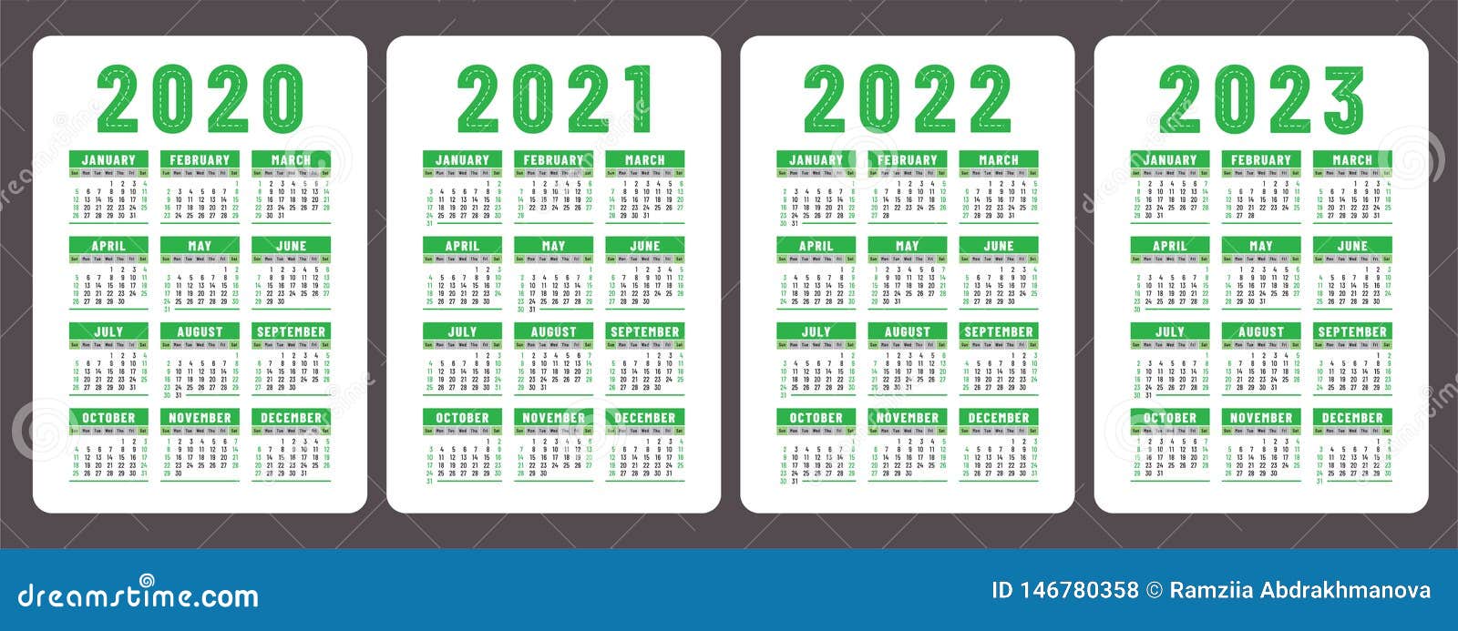 Calendar 2020, 2021, 2022 And 2023. English Color Vector Set. Week