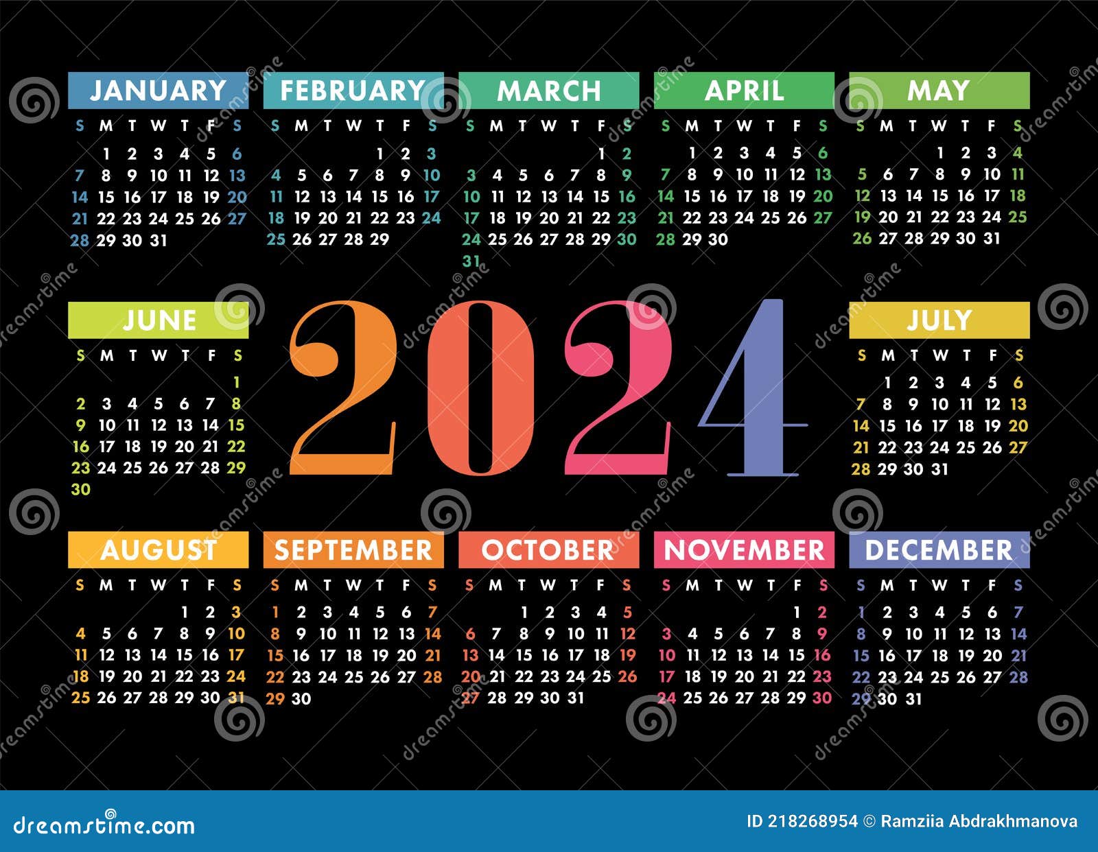 Calendar 2024. English Colorful Vector Horizontal Wall or Pocket