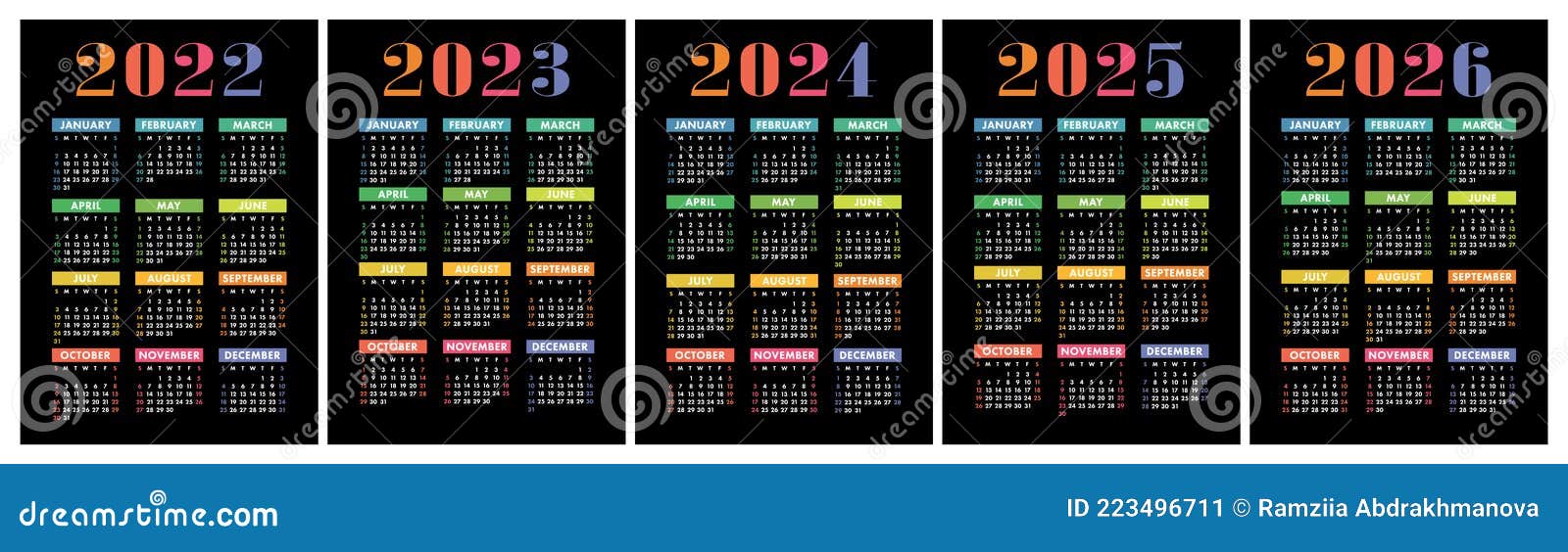 Calendar 2022 2023 2024 2025 And 2026 English Colorful Vector Set