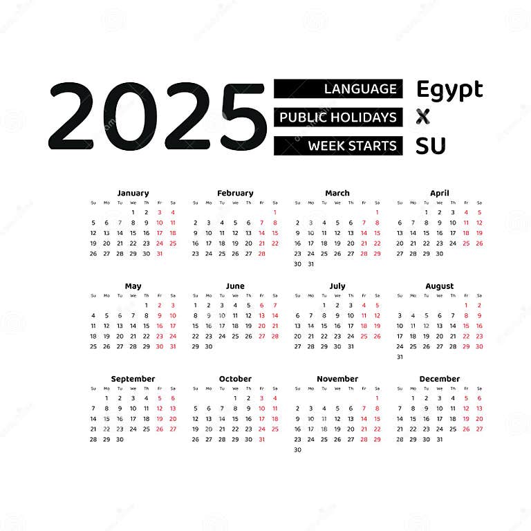 Calendar 2025 English Language with Egypt Public Holidays. Stock Vector