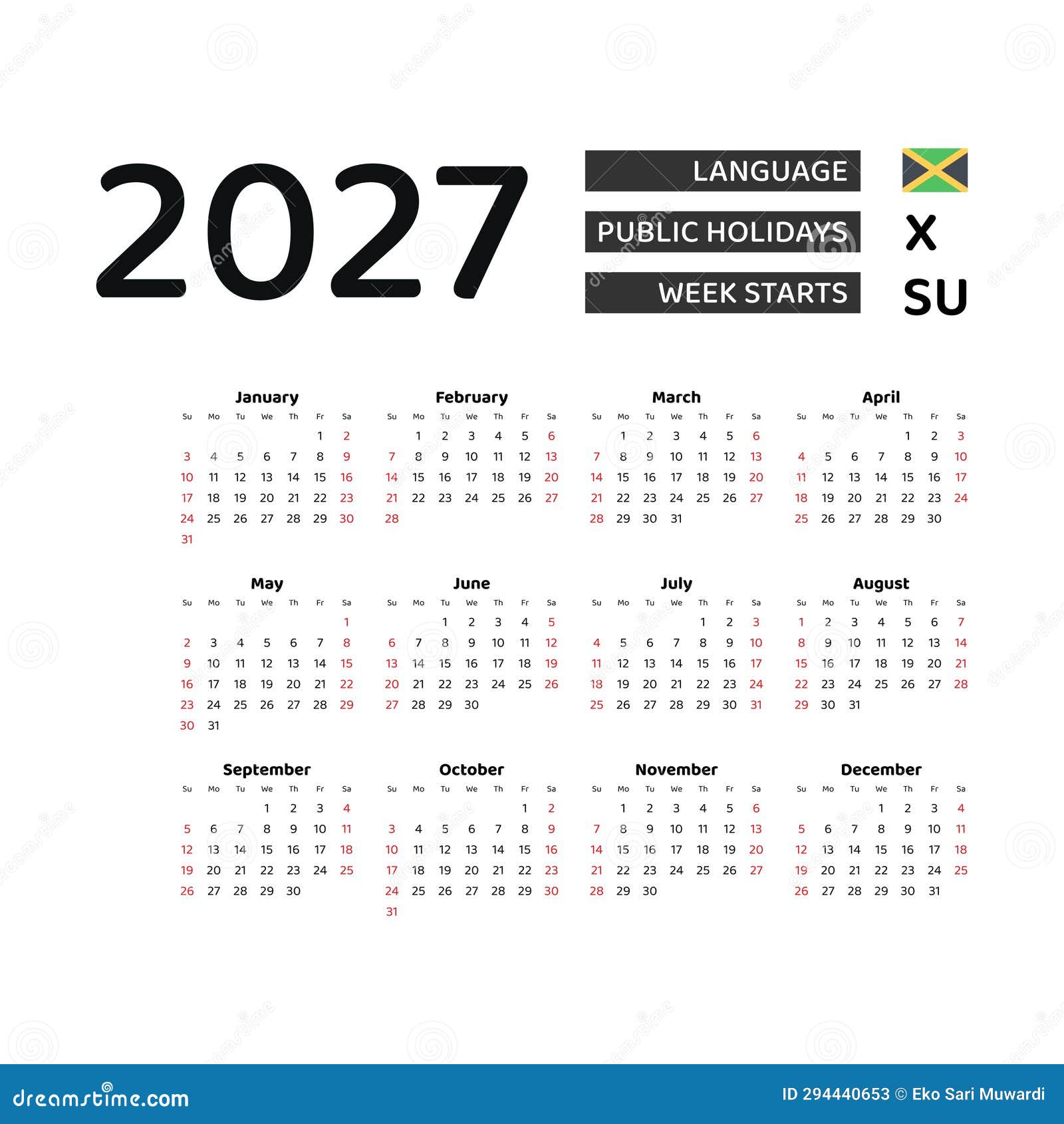 Calendar 2027 English Language with Jamaica Public Holidays. Stock