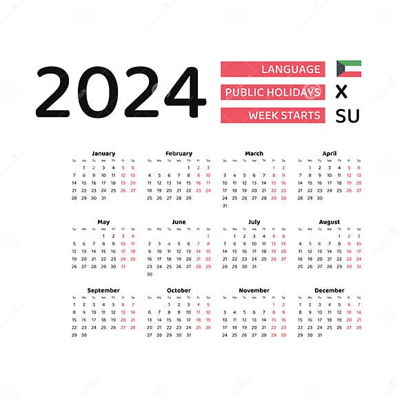 Calendar 2024 English Language with Kuwait Public Holidays. Stock