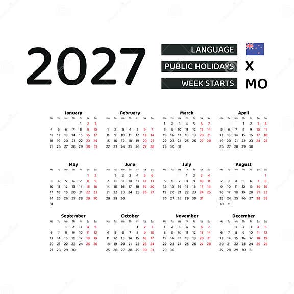 Calendar 2027 English Language with New Zealand Public Holidays. Stock