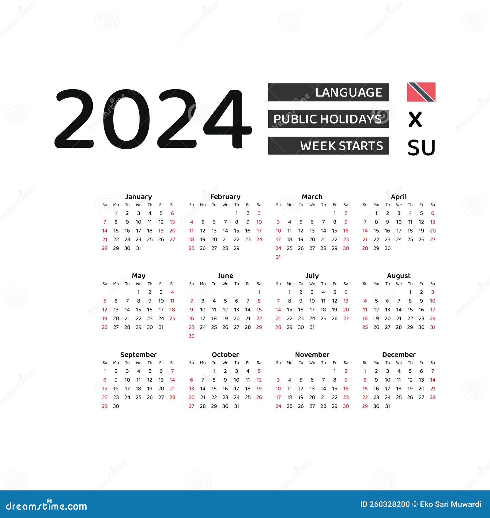 Calendar 2025 English Language with Trinidad and Tobago Public Holidays