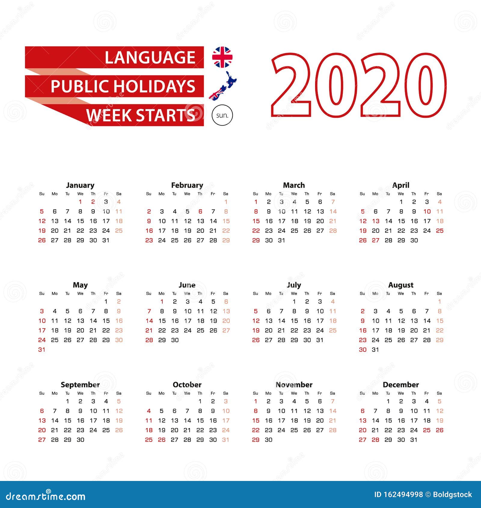 Calendar 2020 In English Language With Public Holidays The Country Of New Zealand In Year 2020 Stock Vector Illustration Of Office Date 162494998