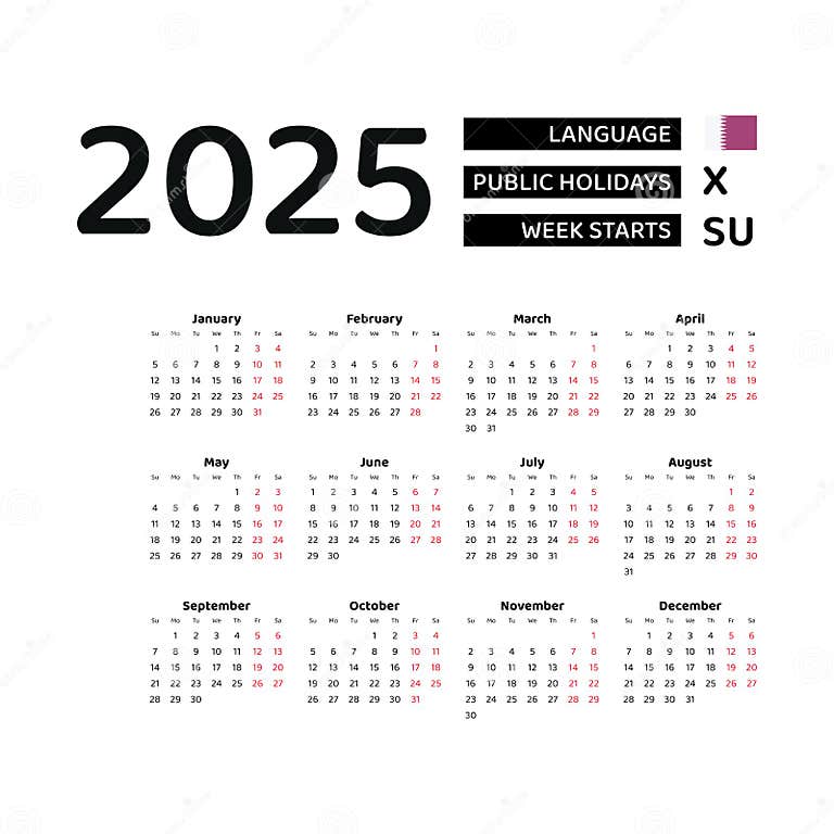 Calendar 2025 English Language with Qatar Public Holidays. Stock Vector